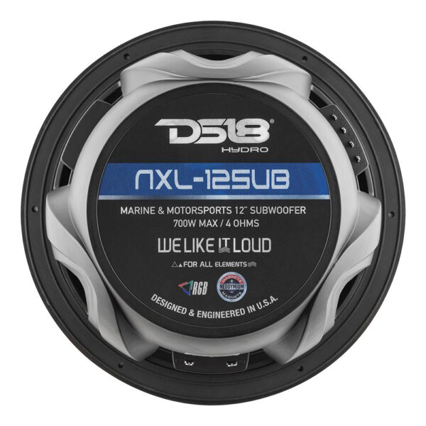 DS18 NXL12SUBBK Black/Silver 12" 700 Watt Waterproof Marine Subwoofer With RGB LED Accent Lighting