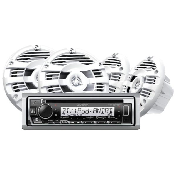 Kenwood KMR-D382BT AM/FM Radio Receiver CD Player USB Port iPod/iPhone Control Bluetooth SiriusXM Satellite Radio Ready 200 Watt Pandora I Heart Radio Marine Stereo With 4 Waterproof Speakers