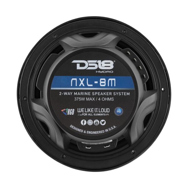 DS18 NXL-8M Black/Chrome 8" 375 Watt Coaxial Waterproof Marine Speakers With RGB LED Lights