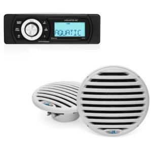 Aquatic AV ES100 AM/FM Radio Receiver USB Port Bluetooth Shallow Mount Waterproof Marine Stereo With 2 6.5″ Waterproof Speakers