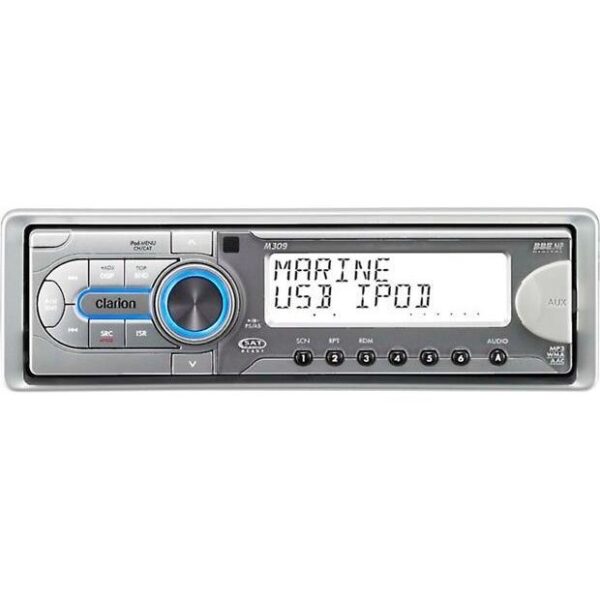 Clarion M309 Silver AM/FM Radio Receiver CD Player WMA USB Port iPod Control Sirius/XM Satellite Ready 200 Watt Marine Stereo