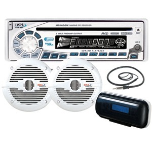 Boss Audio MCK1460W AM/FM Radio Receiver CD Player With 2 Coaxial Speakers Splash Cover And Antenna - Marine Stereo System