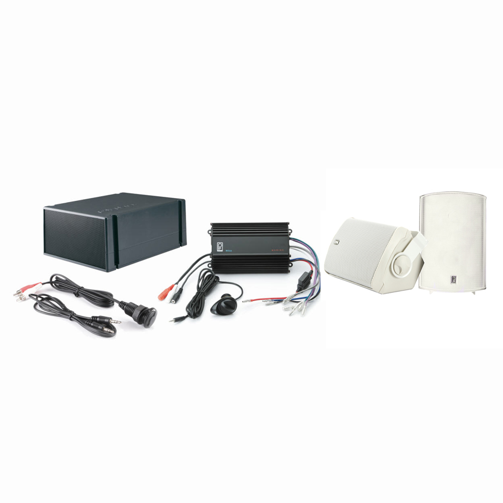 Poly-Planar MP3-KIT7-W 280 Watt Amp MP3/iPod Adapter 2 White Waterproof Box Speakers And Subwoofer - Marine Stereo System