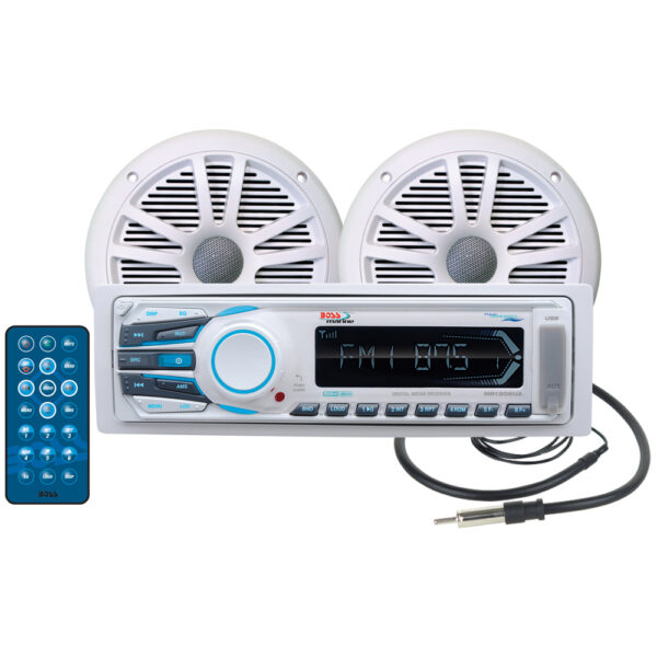 Boss Audio MCK1306W.6 AM/FM Radio Receiver MP3 USB Port SD Card Slot 200 Watt Receiver With 2 Waterproof Speakers And Soft Wire Antenna Marine Stereo System