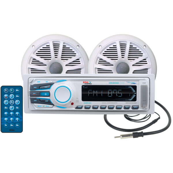Boss Audio Boss Audio MCK1308WB.6 AM/FM Radio Receiver MP3 USB Port SD Card Slot 200 Watts Bluetooth Compatible With 2 Waterproof Speakers And Soft Wire Antenna Marine Stereo System