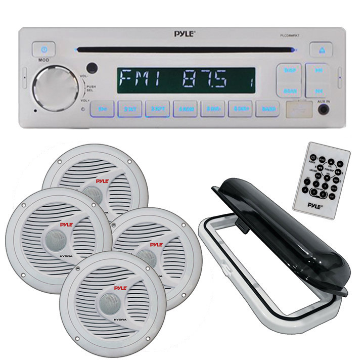 Pyle PLCD8MRKT White AM/FM Radio Receiver CD Player USB Port Marine Stereo System With 4 Waterproof Speakers And Splash Cover