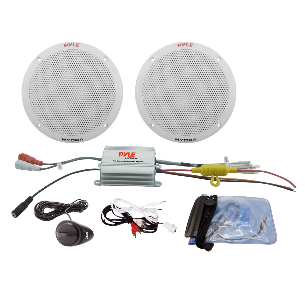 Pyle PLMRKT2A 600 Watt Marine Stereo System Amp Kit With 6.5" Waterproof Speakers iPod/MP3 Adapter And Vinyl Device Case