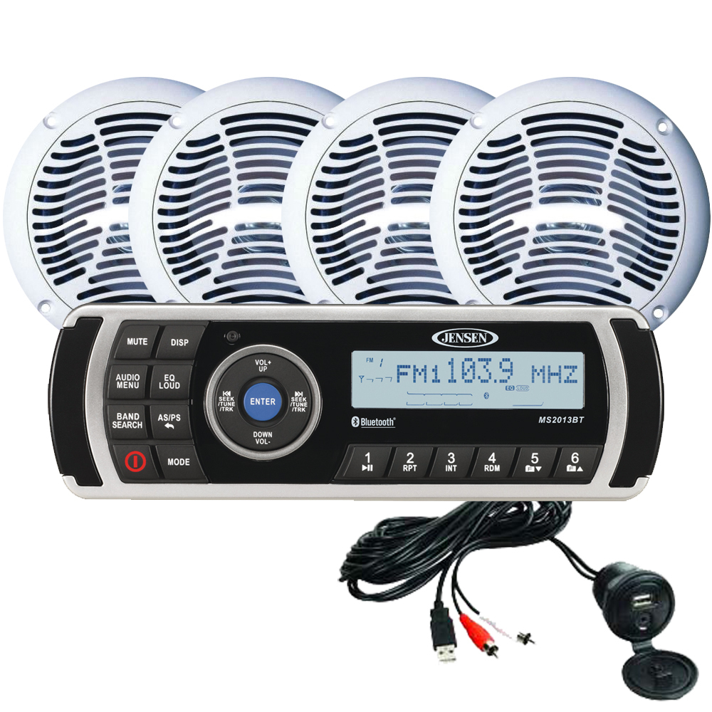 JENSEN CPM200 AM/FM Radio Receiver USB Bluetooth Marine Stereo With 4 Waterproof 6.5" Marine Speakers And USB Extension