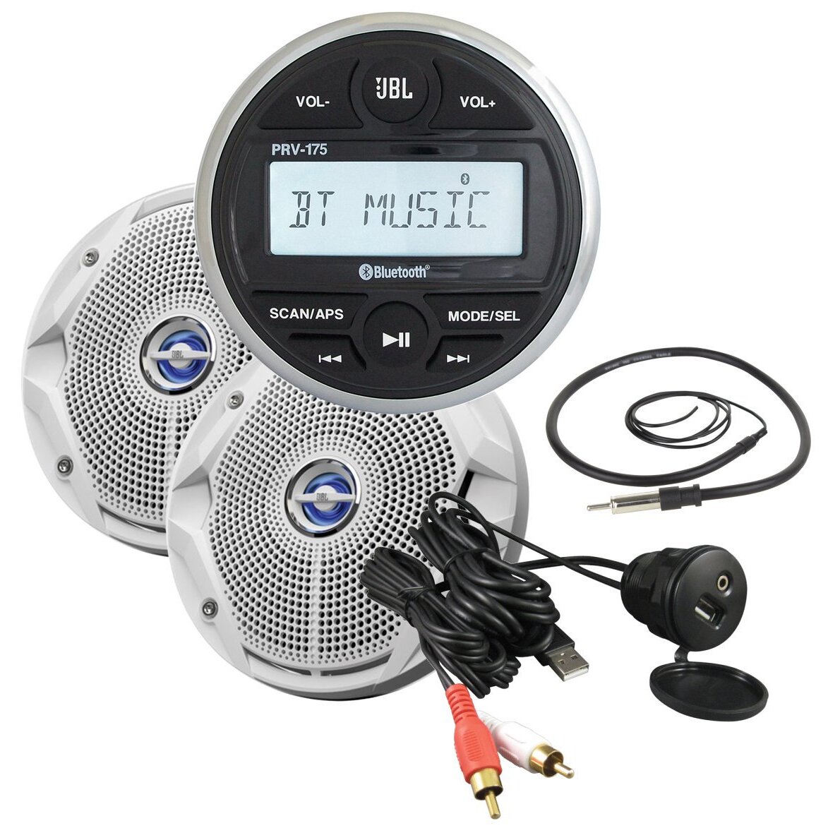 JBL MPK175 AM/FM Radio Receiver MP3 Port Bluetooth Waterproof Marine With 2 Coaxial Waterproof Speakers - The Boat