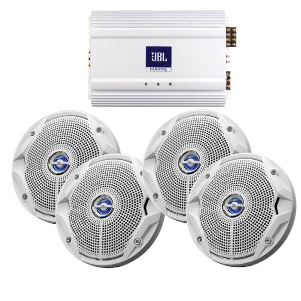 JBL MA6004 580 Watt Amplifier With 4 MS6520 6.5" Waterproof Marine Speakers