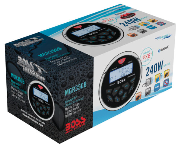 Boss Audio MGR350B AM/FM Radio Receiver USB Port Bluetooth Gauge Size 240 Watt Weather Band Waterproof Marine Stereo