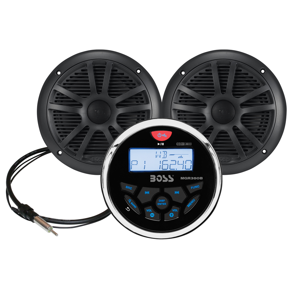 Boss Audio MCKGB350B.6 AM/FM Radio Receiver USB Port Bluetooth 240 Watt Marine Stereo System With 2 Black Waterproof Speakers