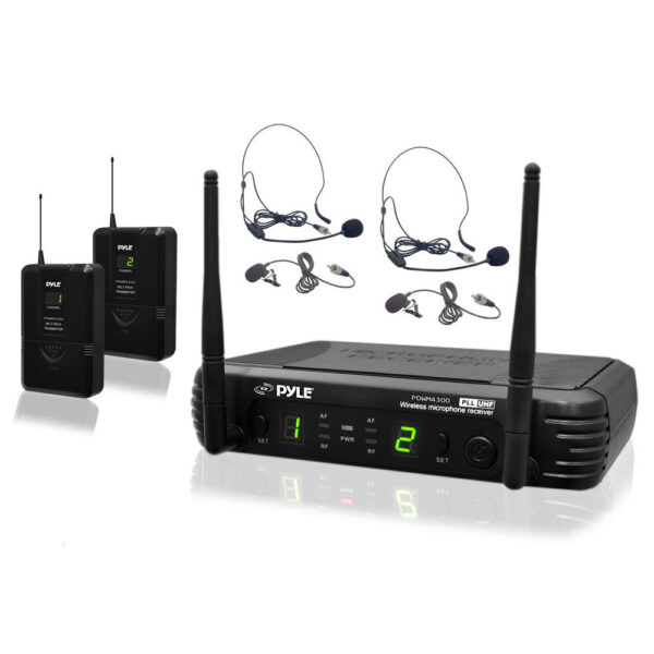 Pyle PDWM3400 UHF Wireless Mic System With 2 Receivers And Head Sets