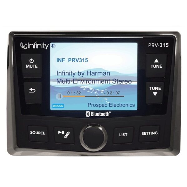 Infinity PRV315.2 AM/FM Radio Receiver USB Port Bluetooth 200 Watt Gauge Size Waterproof Marine Stereo With Full Color Display