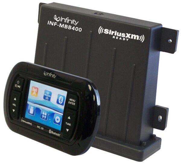 Infinity MBB4030 AM/FM Radio Receiver USB Port Bluetooth SiriusXM Satellite Radio Ready Black Box Style 200 Watt 2 Zone Waterproof Marine Stereo With Color Display And Weather Band