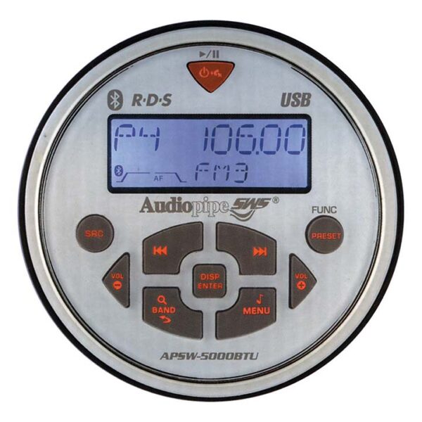 Audiopipe APSW5000BTU AM/FM Radio Receiver USB Bluetooth 200 Watt Gauge Sized Waterproof Marine Stereo