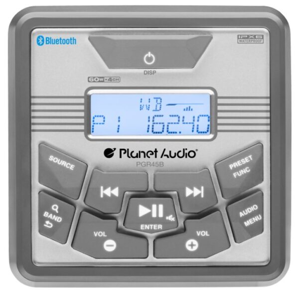 Planet PGR45B AM/FM Radio Receiver USB NOAA Weather Band Bluetooth Gauge Size 260 Watt Waterproof Marine Stereo