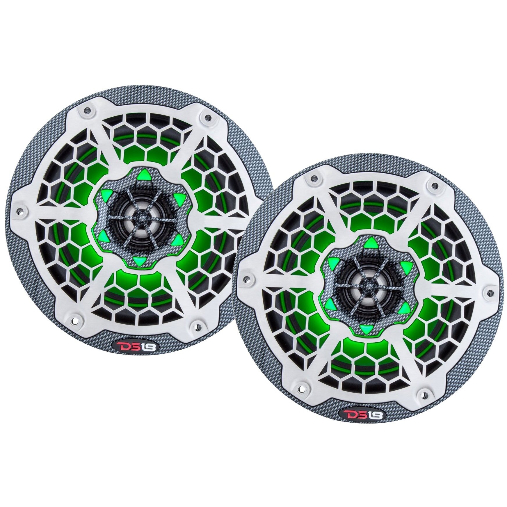 DS18 CF65 Black And Silver 6.5" 375 Watt Waterproof Marine Speakers With RGB LED Accent Lighting
