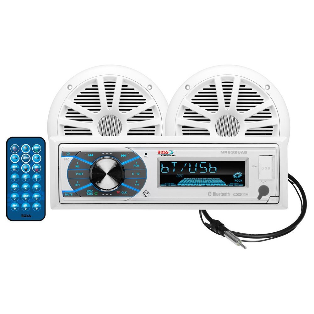 Boss Audio MCK632WB.6 AM/FM Radio Receiver USB Port Bluetooth 200 Watt Marine Stereo With 2 Waterproof Speakers And Antenna