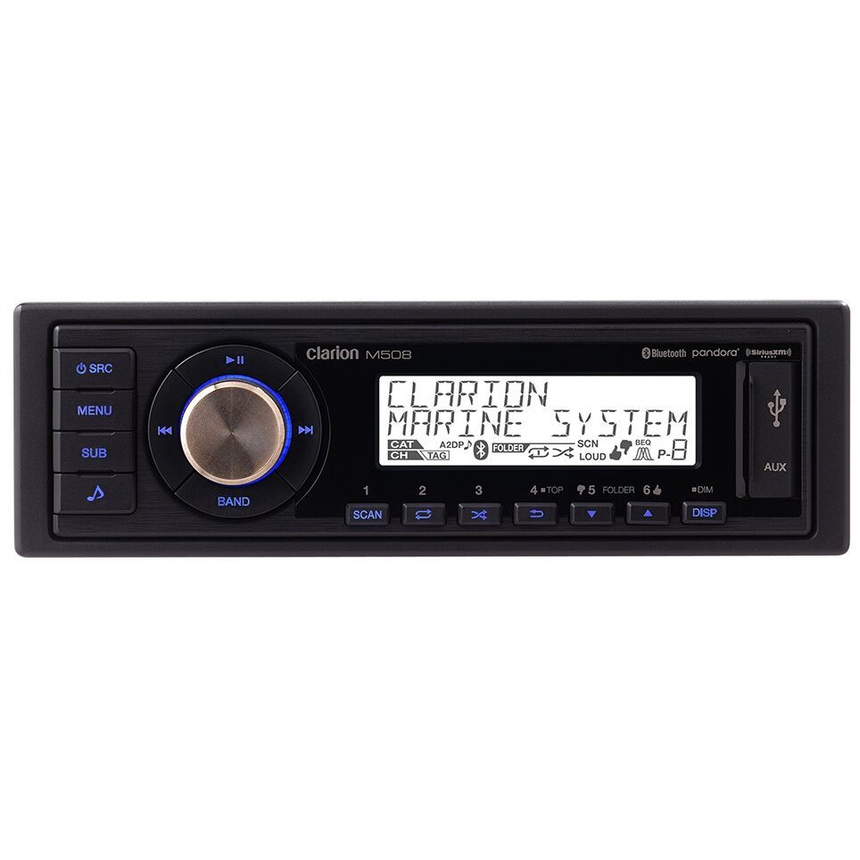 Clarion M508 AM/FM Radio Receiver NOAA Weather Band USB Port iPhone Control Bluetooth SiriusXM Ready Pandora Marine Stereo