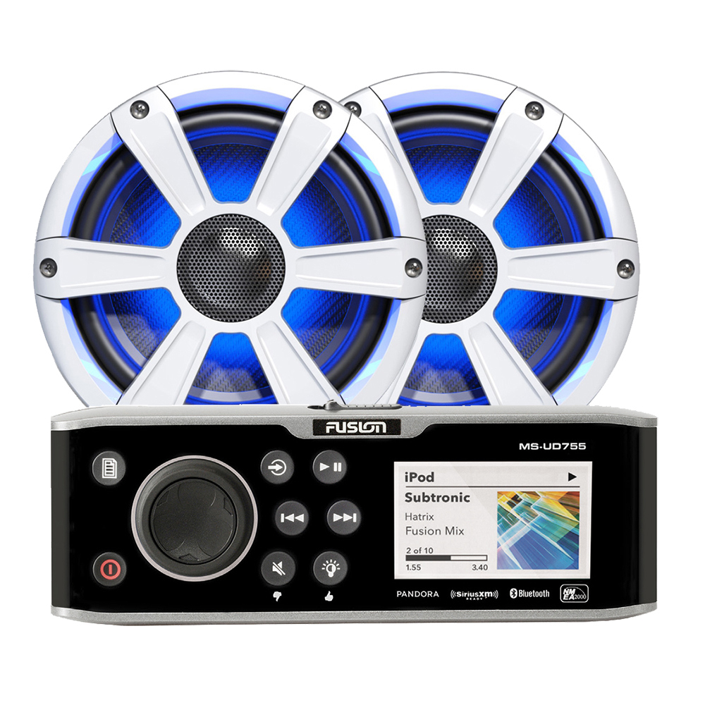 Fusion UD755-77SPW AM/FM Radio Receiver USB Bluetooth 4 Zone SiriusXM Ready Color Display Internal Device Dock Waterproof Marine Stereo System With 2 White Waterproof Speakers With LED Lighting