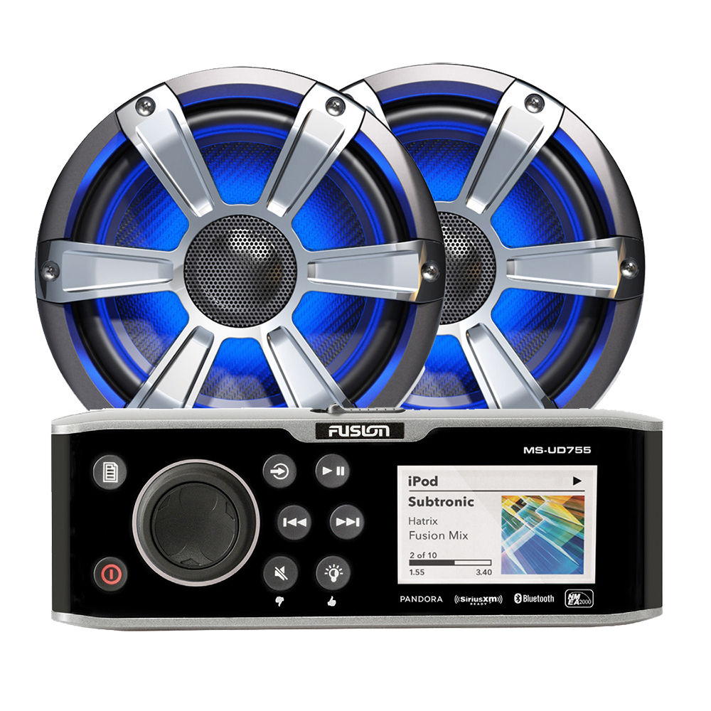 Fusion UD755-77SPC AM/FM Radio Receiver USB Bluetooth 4 Zone SiriusXM Ready Color Display Internal Device Dock Waterproof Marine Stereo System With 2 Chrome Waterproof Speakers With LED Lighting