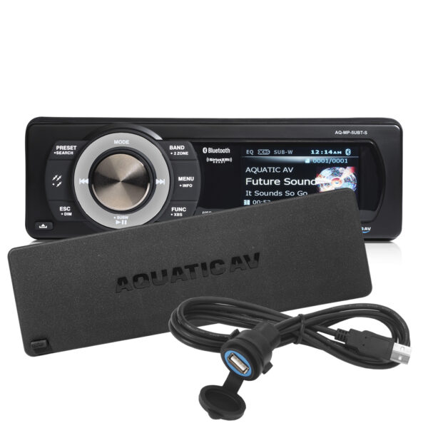 Aquatic AV EM100 Black AM/FM Radio Receiver Bluetooth USB Port iPod/iPhone Control SiriusXM Ready Waterproof Marine Stereo With 1200 Watt Amplifier 4 RGB LED Waterproof Speakers And Subwoofer