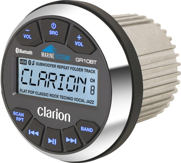 Clarion GR10BTPKG AM/FM Radio Receiver Weather Band USB Port Bluetooth Gauge Sized Waterproof Marine Stereo With 5 Channel Amp 4 Waterproof Speakers And Subwoofer With RGB LED Accent Lighting