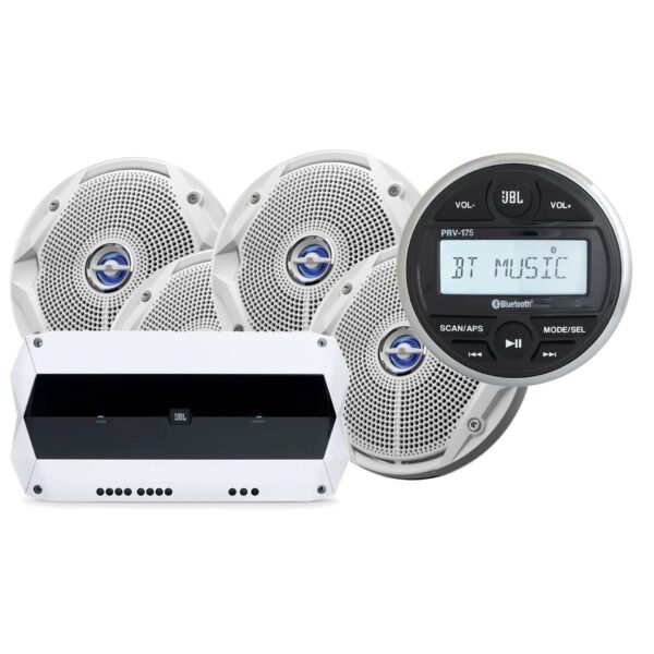 JBL PRV175PKG AM/FM Radio Receiver MP3 USB Port Bluetooth Audio Streaming Gauge Size Waterproof Marine Stereo With 4 Waterproof Speakers And 4 Channel Amplifier