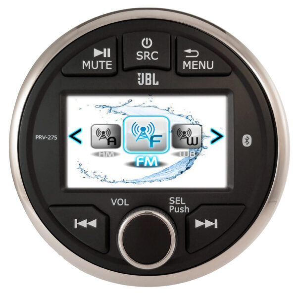JBL PRV275 AM/FM Radio Receiver Weatherband MP3 USB Port Bluetooth Audio Streaming Gauge Size 180 Watt Waterproof Marine Stereo With Color Display