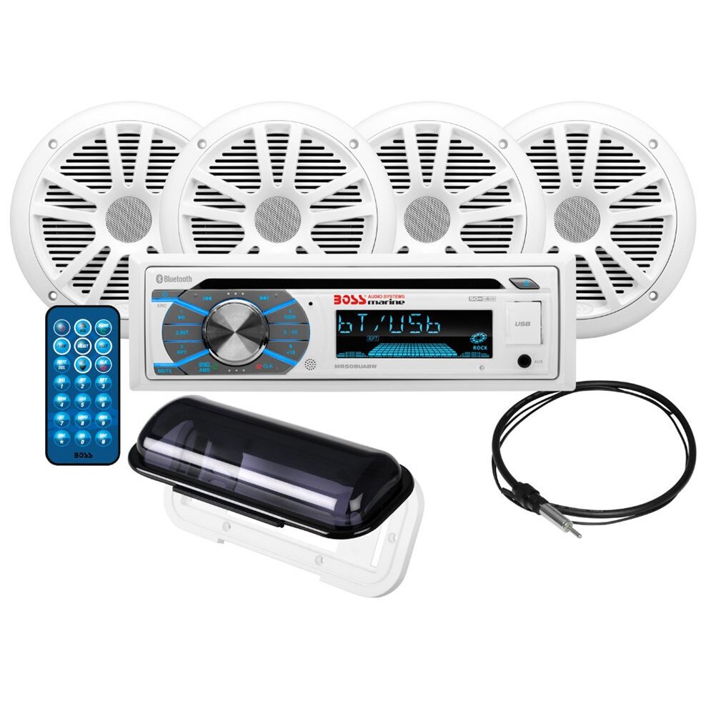 fugl Displacement vision Boss Audio MCK508WB.64S AM/FM Radio Receiver CD Player USB Port SD Card  Slot Bluetooth Marine Stereo With 4 Waterproof Speakers Antenna Remote And  Cover - Rock The Boat Audio