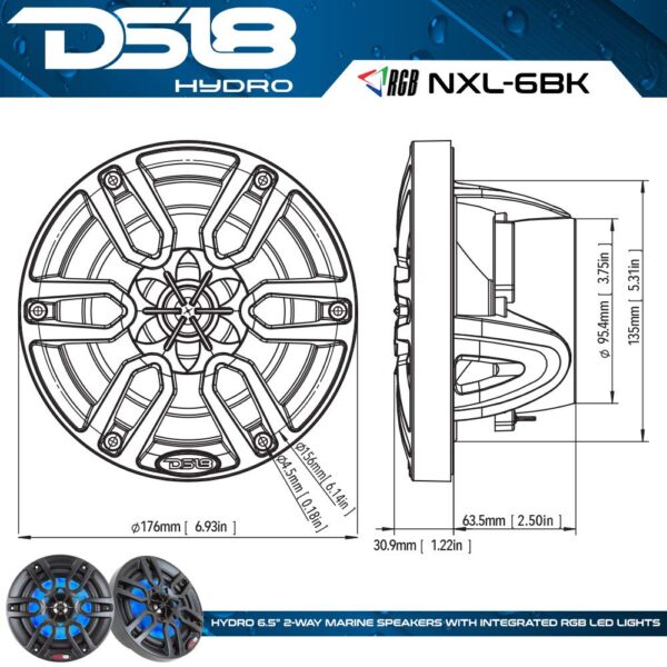 DS18 NXL6BK Black 6.5" 300 Watt Waterproof Marine Speakers With RGB LED Accent Lighting