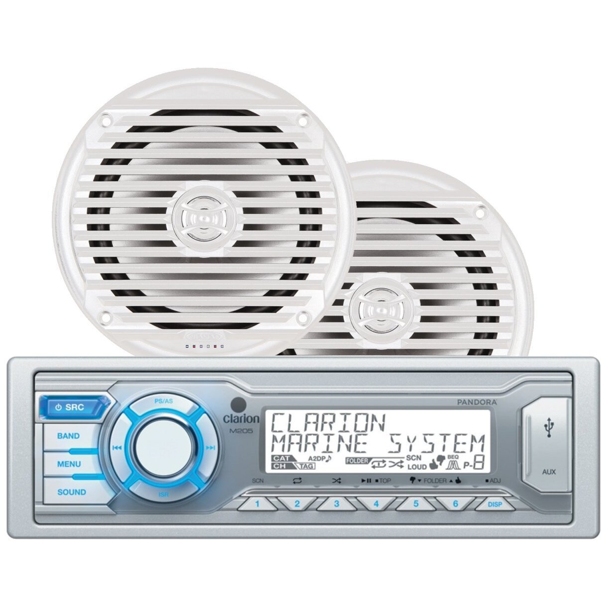 Clarion M205 AM/FM Radio Receiver USB Port Pandora 200 Watt Marine Stereo With 2 Waterproof 6.5" Speakers