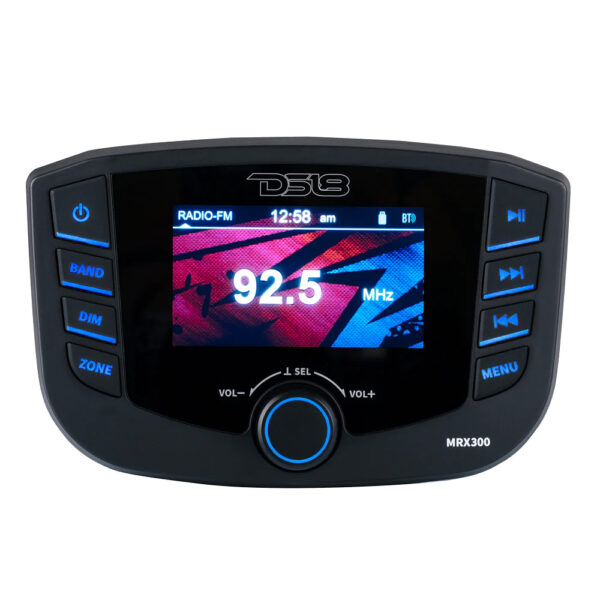 DS18 MRX300 AM/FM Radio Receiver Weather Band USB Port Bluetooth Gauge Sized 3-Zone Waterproof Marine Stereo With Full Color Display